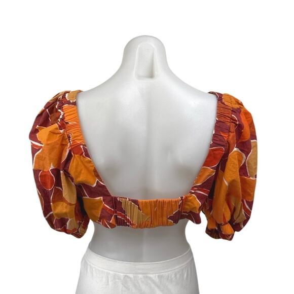 Zara Multicolor Floral Puff Short Sleeve Ring Knot Bandeau Crop Blouse Top Sz L - Picture 2 of 5
